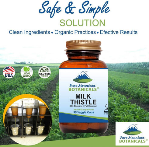 Pure Mountain Botanicals Milk Thistle Capsules - 90 Kosher Vegan Caps with Organic Milk Thistles