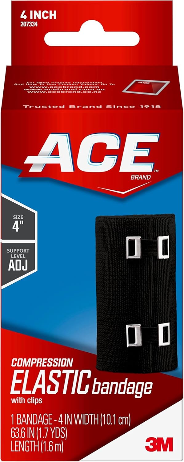 ACE 4 Inch Elastic Bandage with Clips, Black, Great for Leg, Shoulder and More, 1 Count