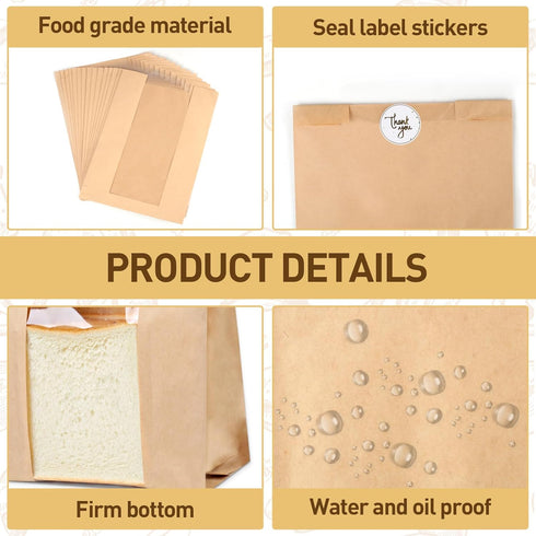 TBUKEOM 36 13.7"x8.3"x3.3" 48 Paper Bread Bags with Window: Large Kraft Bakery Bags Stickers - Reusable Brown Bread