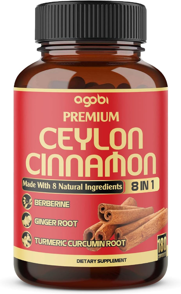 Premium Ceylon Cinnamon with Berberine Supplement - 8in1 Turmeric, Ginger, Gymnema & More - 180 Capsules for Body