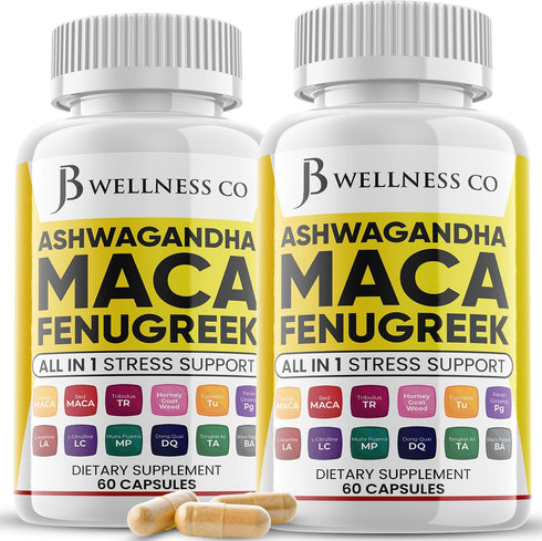 JB Wellness Co Ashwagandha Maca Root Fenugreek Supplement with Tongkat Ali Ginseng - Assists with
