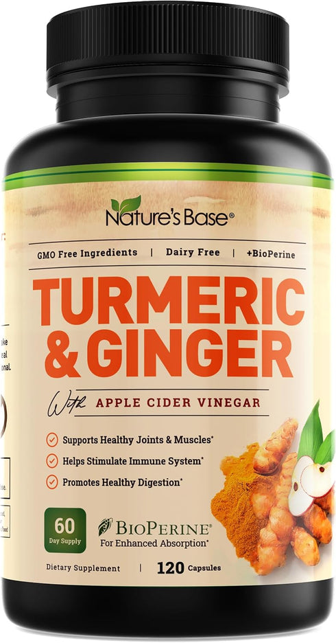Turmeric and Ginger Supplement - Turmeric Curcumin Pills with Apple Cider Vinegar & BioPerine, 120 Capsules