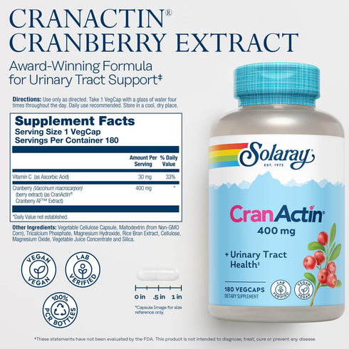 SOLARAY CranActin Cranberry Extract 400 mg - Bladder and Urinary Tract Health Support, Vegan, 180 VegCaps