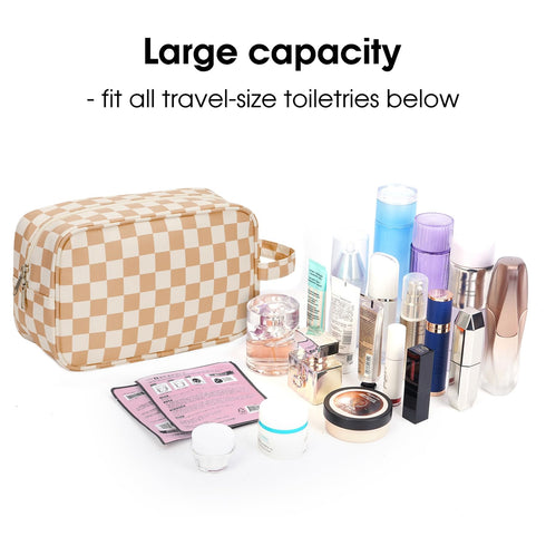 Narwey Travel Toiletry Bag for Women, Dopp Kit Makeup Organizer for Toiletries and Cosmetics (Light Brown Checkerboard)