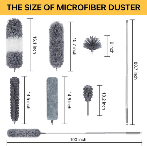 7Pcs Microfiber Duster with Extension Pole Up to 100 Inches, Machine Washable Ceiling Fan Cleaner for Cobwebs