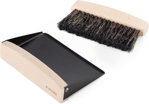 Navaris Small Dustpan and Brush Set, Wooden Mini Dust Pan Brush for Sweeping Tabletop, Black