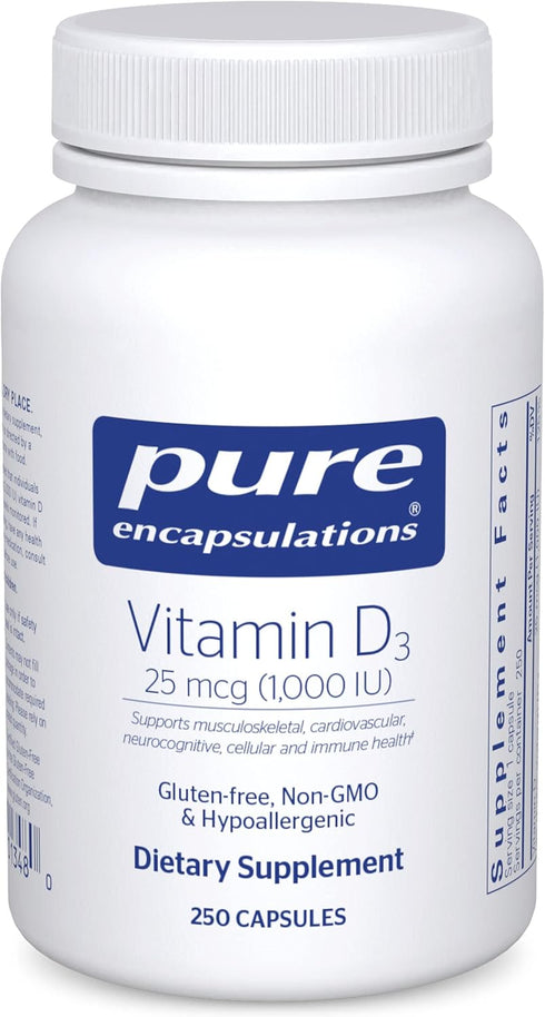 Pure Encapsulations Vitamin D3 25 mcg (1,000 IU) - 250 Capsules for Bone and Immune Health