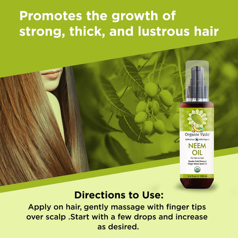 Organic Veda Neem Oil - Pure, Cold Pressed Neem Oil for Skin, Hair, Face, Body, Scalp - Rich in Vitamin E, 3.4 fl oz