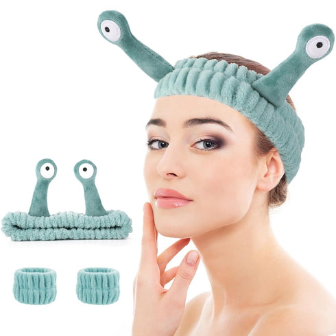 Spa Headband and Wristband Set, Snail Coral Fleece Hair Band for Washing Face, Cute Hair Accessories (Green).