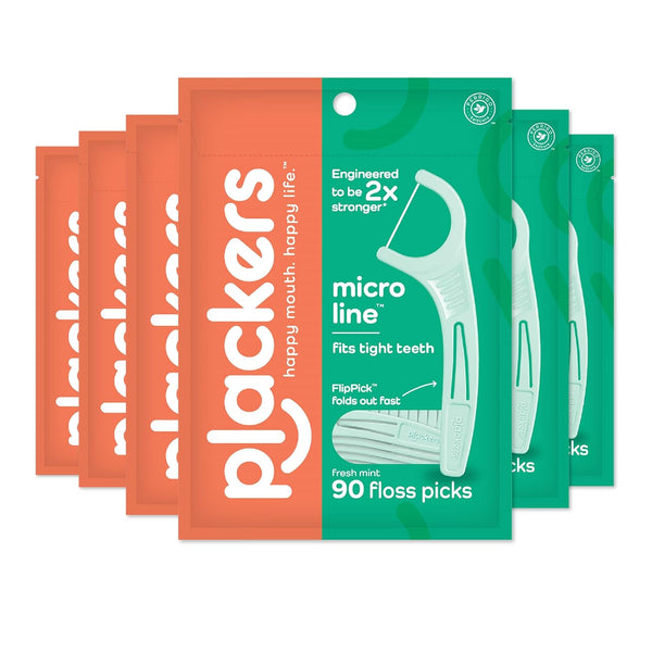 Plackers Micro Line Dental Floss Picks, Fold-Out FlipPick, Tuffloss, 90 Count (6 Pack), Fresh Mint Flavor