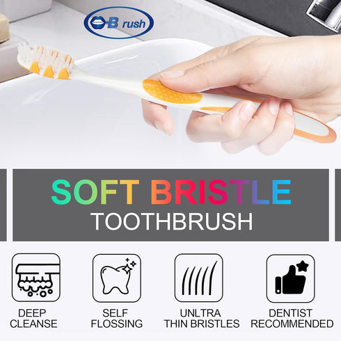 Pack 4 B Rush Extra Soft Toothbrushes for Adults -Tapered Bristles Flossing Toothbrush for Sensitive Teeth and Receding