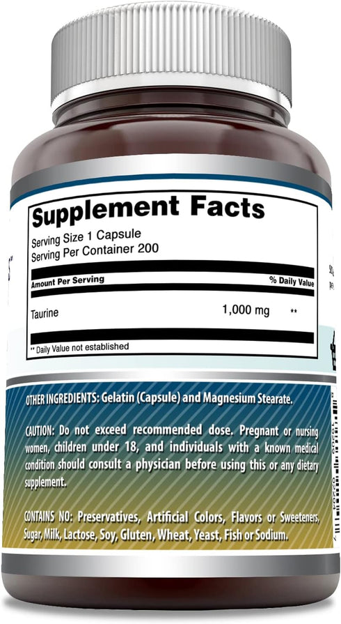 Amazing Formulas Taurine 1000 Mg - 200 Capsules Non-GMO Amino Acid Supplement for Energy & Heart Health
