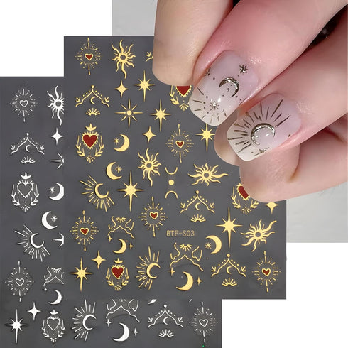 12 Sheets Star Nail Stickers, 3D Self-Adhesive Gold Silver Moon Heart Design for Nail Art Decoration Accessories
