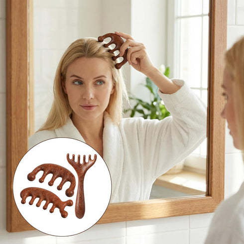 Trinkrittey 3 Pcs Wooden Head Scalp Massager Comb Hair Gua Sha Comb Wooden Hair Brush Head Massage Tool Hairs Scrubber