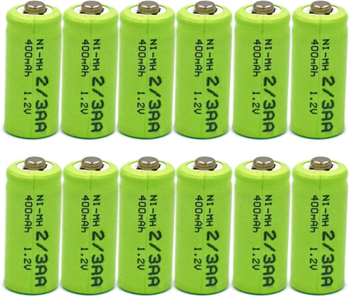 12 Pack 1.2V Ni-MH 2/3AA Rechargeable Battery 400mAh with Button Top for Solar Lights, E-Toothbrush