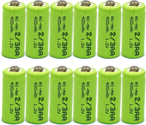 12 Pack 1.2V Ni-MH 2/3AA Rechargeable Battery 400mAh with Button Top for Solar Lights, E-Toothbrush