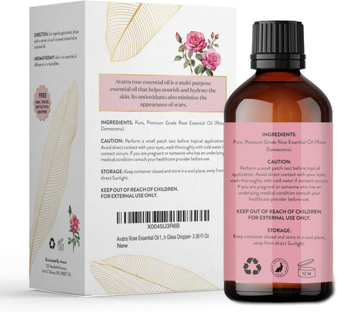 Avatra Rose Essential Oil | Pure & Natural for Diffuser, Skin, Hair & Aromatherapy, 3.38 Fl Oz