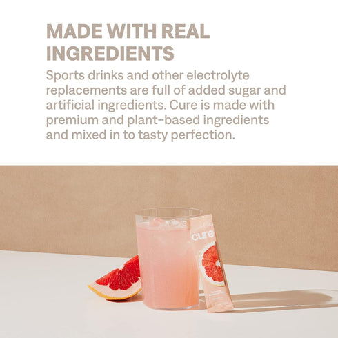 Cure Hydration Plant-Based Electrolyte Drink Mix, No Added Sugar, Coconut Water Powder, Box of 8 Packets - Grapefruit
