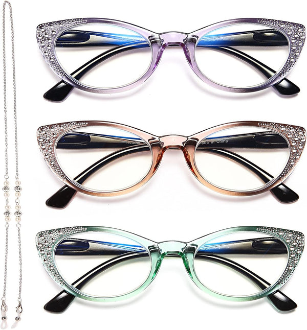 EYEURL Cat Eye Reading Glasses for Women, Blue Light Blocking 3 Pack Computer Readers 1.75 with Spring Hinge