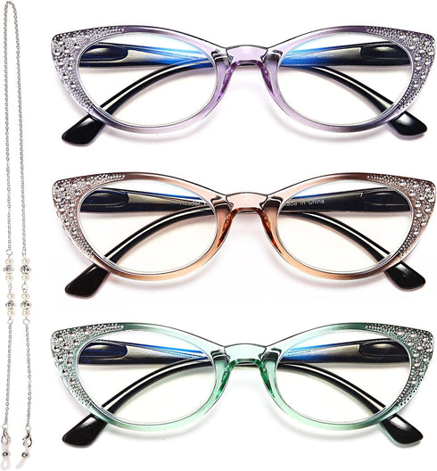 EYEURL 2.25 Blue Light Blocking Cat Eye Reading Glasses for Women, 3 Pack Lightweight Eyeglasses with Comfortable