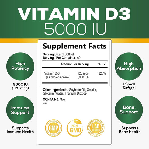 Vitamin D3 Supplement 5000iu (125 mcg) - High Potency, Rapid Absorbtion D3 Softgel - Vitamin D Dietary Supplement for Bone, Teeth, Muscle and Immune Health Support - Non-GMO, Gluten Free - 60 Softgels