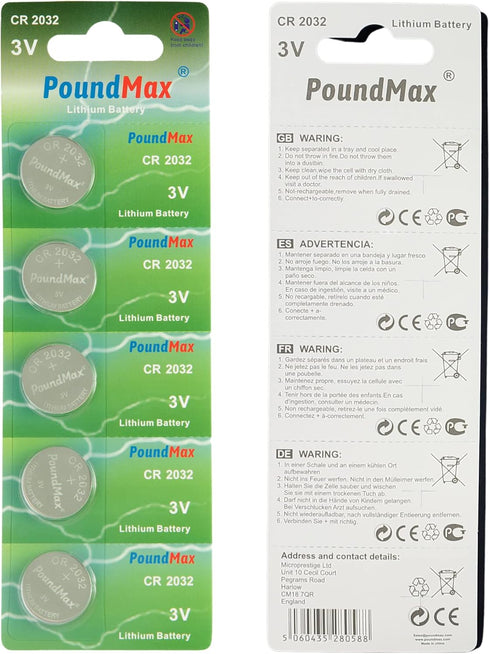 PoundMax CR2032 3V BR2032 DL2032 EA2032 ECR2032 KCR2032 (5 Pack) Lithium Coin Cell Battery, Compatible with AirTag