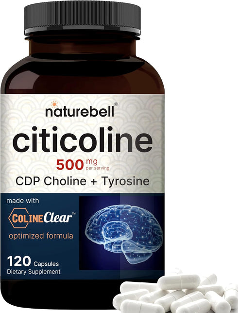 NatureBell Citicoline Supplements, 120 Capsules - CDP Choline 500mg Plus Tyrosine 50mg, Dual Action Brain Supplement