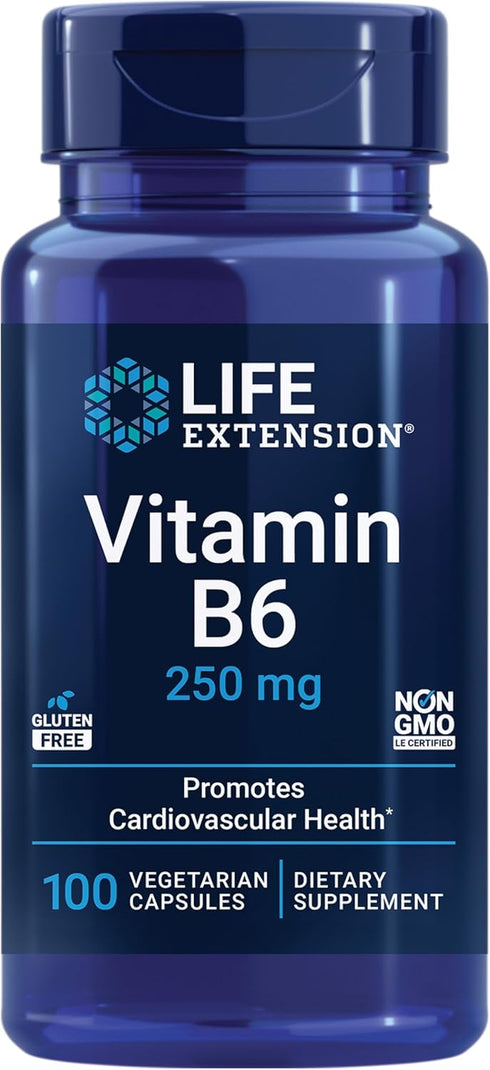 Life Extension Vitamin B6 250 mg – Gluten-Free, Non-GMO for Cardiovascular & Neurological Health - 100 Vegetarian