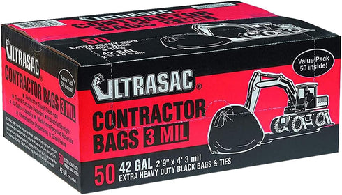 Ultrasac Heavy Duty Contractor Bags (VALUE 50 PACK/w TIES), 42 Gallon, 3 MIL Thick Large Black Garbage Trashbags