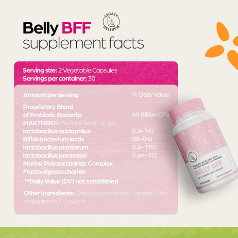 BELLY BFF Probiotic Supplement, 40 Billion CFU, 60 Vegan Capsules for Daily Gut Health Complex Support