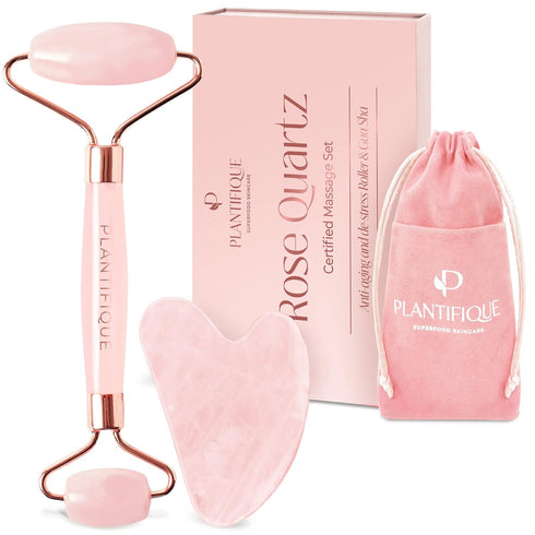 PLANTIFIQUE Rose Quartz Face Roller and Gua Sha Set - Certified Rose Quartz Roller and Gua Sha Set for Your Skincare