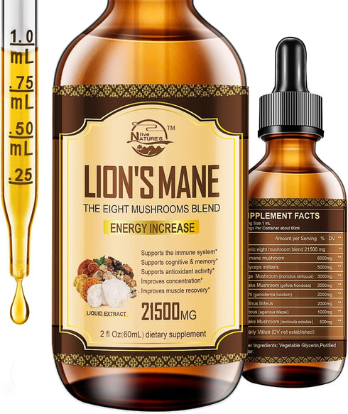 Lions Mane Supplement | Liquid Mushroom Extract Drops | 8 Mushrooms Complex for Cognitive Support & Immunity