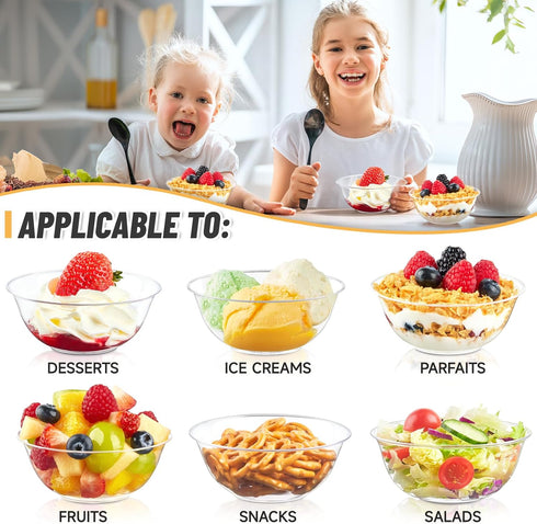 Qeirudu 6 oz Hard Plastic Bowls, 80 Pack Disposable Clear Dessert Bowls for Ice Cream, Fruits, Salad