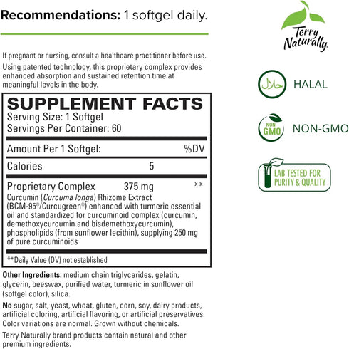 Terry Naturally CuraMed 375 mg Curcumin Complex, 60 Softgels, Superior Absorption BCM-95