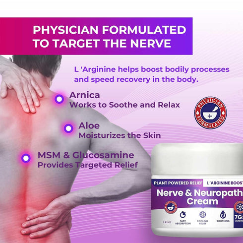 Nerve and Neuropathy Cream: Plant Powered Relief for Foot, Hands, Legs, Toes with L’Arginine, Vitamin B6, Aloe, 2.82oz