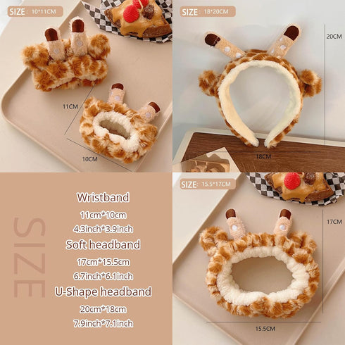 4Pcs Makeup Headband with Absorbent Wristband - Cute Giraffe Skincare Hair Bands for Face Wash