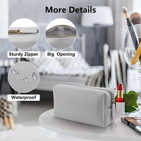 Leather Makeup Bag for Purse Travel, Portable Small Cosmetic Organizer for Women with Zipper