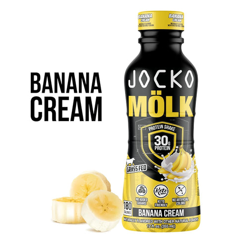 Jocko Moelk Protein Shakes, KETO Friendly, 30g Grass Fed Protein, 12 FL Oz, 12pk (Banana Cream)