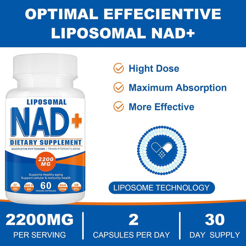2200mg Liposomal NAD+ Supplement for Cellular Energy & Aging Defense, 180 Capsules