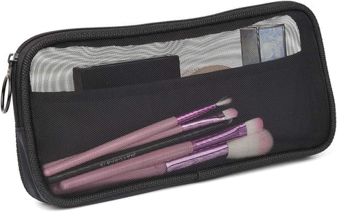 Mesh Travel Toiletry Bag - Transparent Standing Pouch, Portable Organizer, Pack of 2 (Size M), Black