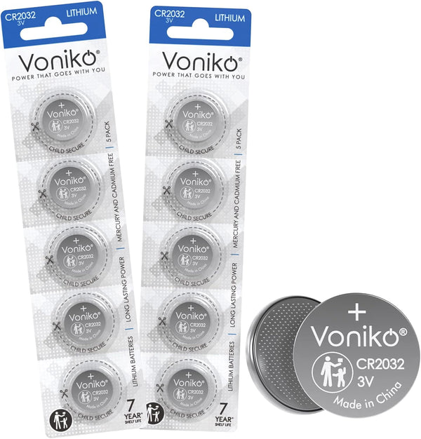 10 Pack Voniko 3 Volt CR2032 Battery – Lithium Button Flat Battery with 7 Years Shelf Life