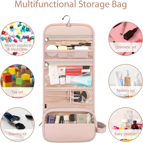 Fintie Pink Portable Toiletry Bag, Large Water Resistant Hanging Makeup Organizer for Women and Girls