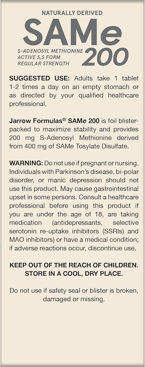 Jarrow Formulas SAMe | 200 mg | 20 Tablets | Supports Joint Health, Liver Function, Brain Metabolism