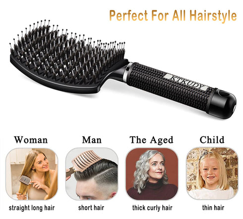 KTKUDY Detangling Hair Brush - Boar Bristle & Tangle-Free Design for Kids, Women, Men (Black)