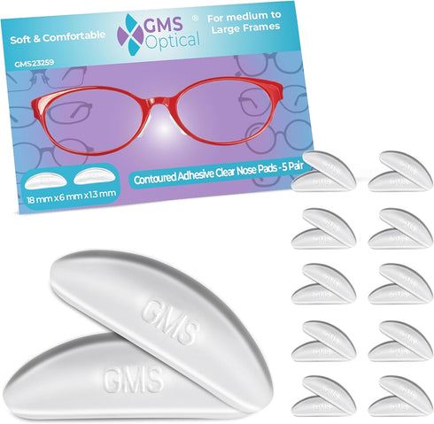 GMS Optical Anti-Slip Adhesive Contoured Silicone Eyeglass Nose Pads - 1.3mm Extra-Thin, 18mm Large-Length (Clear) (10