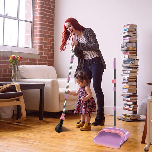 kelamayi Broom and Dustpan Set for Home, Office, Indoor & Outdoor Sweeping, Stand Up Broom and Dustpan (Pink).