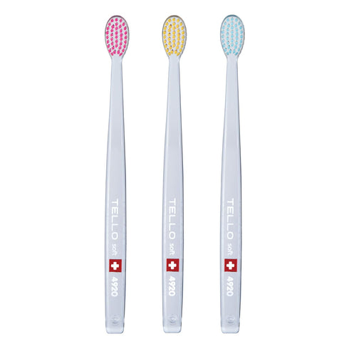 TELLO 4920 Adult Soft Swiss Toothbrush, Gentle Cleaning with Ergonomic Handle, 3 Count