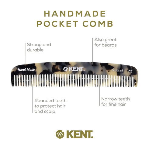 Kent 7T TW All Fine Tooth Pocket Comb for Men, Handmade Hair Comb for Everyday Grooming and Styling