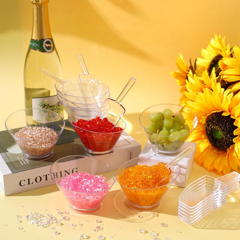 12 Pcs Plastic Clear Serving Bowls with Kitchen Scoops, Salad, Popcorn, Angled Candy Bowl for Cooking Parties, 210 ml