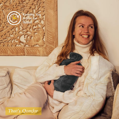 Qomfor 2L Hot Water Bottle - with Soft Premium Fleece Cover - Dark Gray, - Heating Pad for Menstrual Cramps & Period
